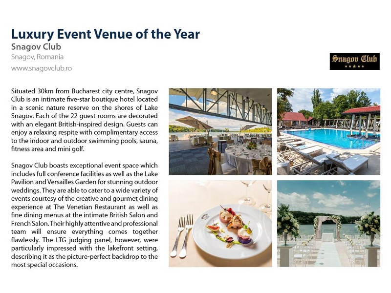 Hotel Snagov Club, premiat internațional pentru cea mai bună locație de evenimente din regiune