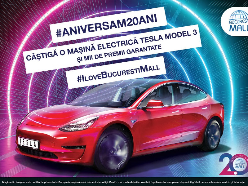 BUCUREȘTI MALL-VITAN ANIVERSEAZĂ 20 DE ANI ȘI ÎȚI OFERĂ ȘANSA SĂ CÂȘTIGI O MAȘINĂ ELECTRICĂ TESLA MODEL 3